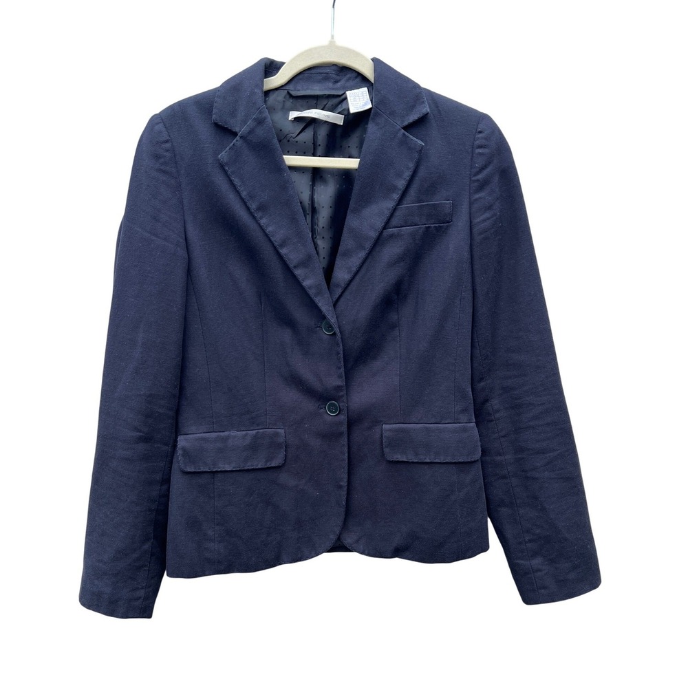 COTE FEMME Navy Blue Linen Blend Blazer Jacket Button Women Size 6 Academia Work